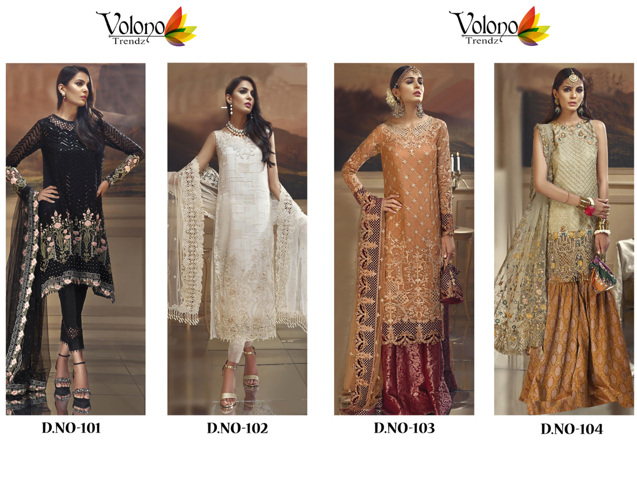 Zaylish Vol-1 By Volono Trendz 101 To 104 Series Designer Pakistani Suits Beautiful Stylish Fancy Colorful Party Wear & Occasional Wear Georgette Dresses At Wholesale Price
