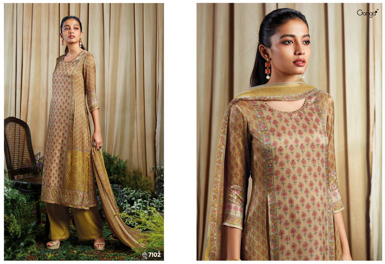 Ziba By Ganga Fashion 7101 To 7109 Series Beautiful Collection Suits Stylish Fancy Colorful Party Wear & Ethnic Wear Pure Satin Silk Printed Dresses At Wholesale Price