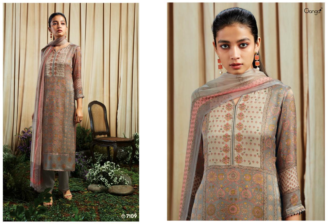 Ziba By Ganga Fashion 7101 To 7109 Series Beautiful Collection Suits Stylish Fancy Colorful Party Wear & Ethnic Wear Pure Satin Silk Printed Dresses At Wholesale Price