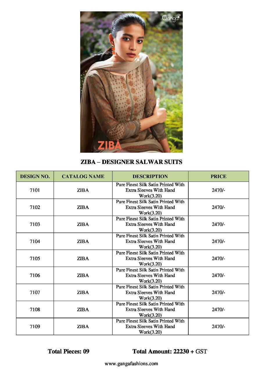 Ziba By Ganga Fashion 7101 To 7109 Series Beautiful Collection Suits Stylish Fancy Colorful Party Wear & Ethnic Wear Pure Satin Silk Printed Dresses At Wholesale Price