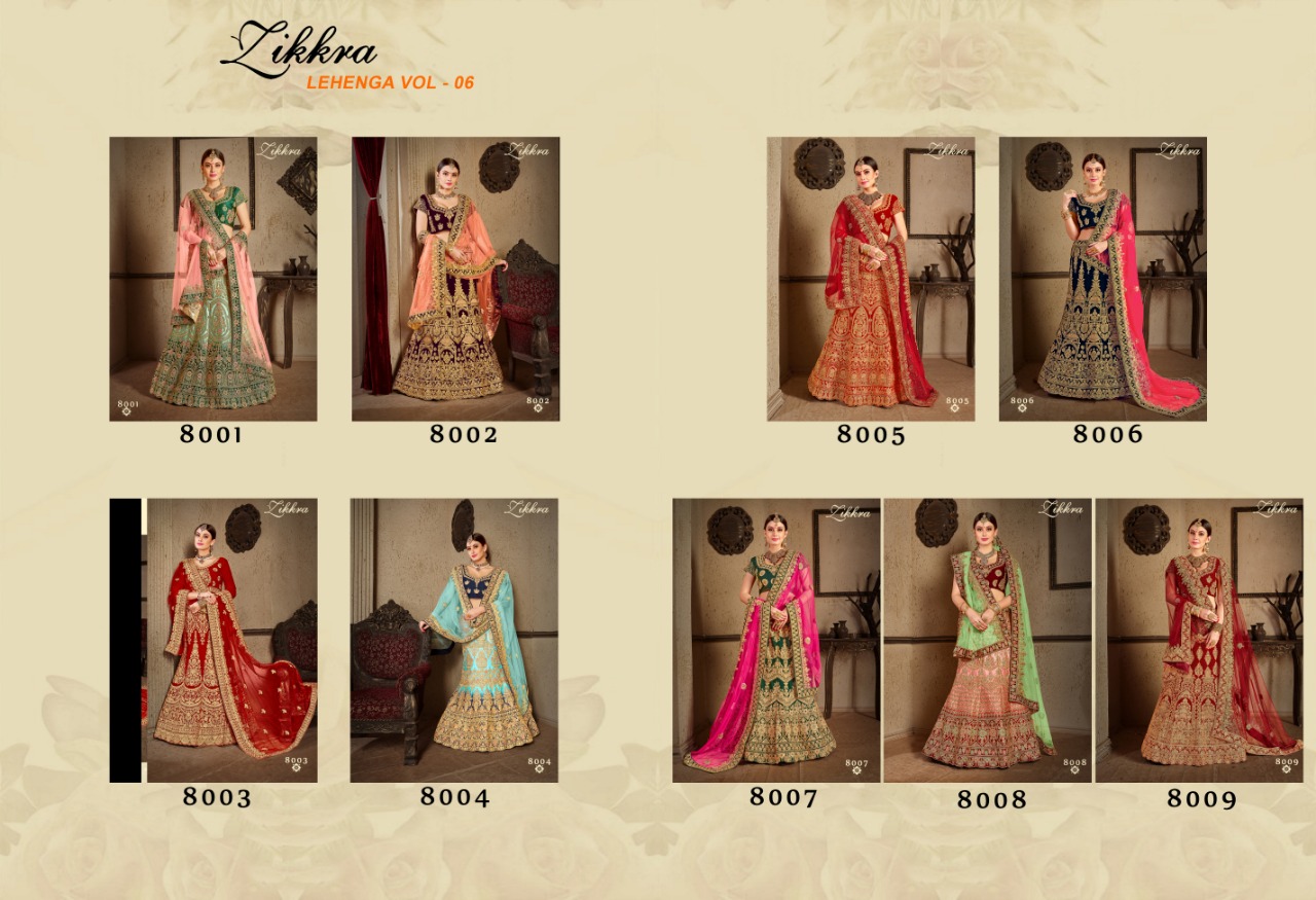 Zikkra Lehenga Vol-6 By Zikkra 8001 To 8009 Series Indian Bridal Wear Collection Beautiful Stylish Fancy Colorful Party Wear & Occasional Wear Satin & Velvet Lehengas At Wholesale Price